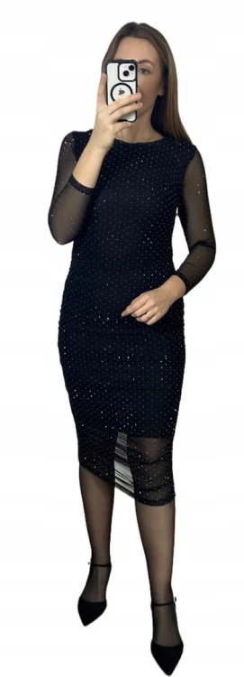 Czarna sukienka midi dłuższa siateczkowa siateczka marszczenia diamenciki- DIAMENZA