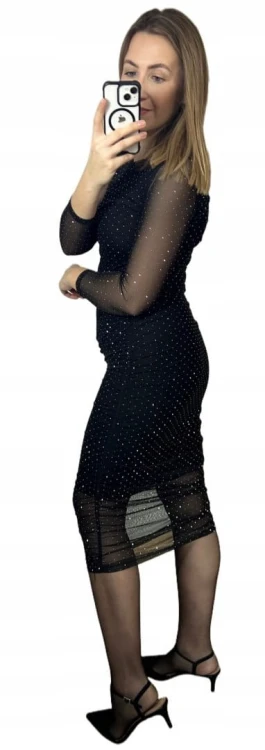 Czarna sukienka midi dłuższa siateczkowa siateczka marszczenia diamenciki- DIAMENZA