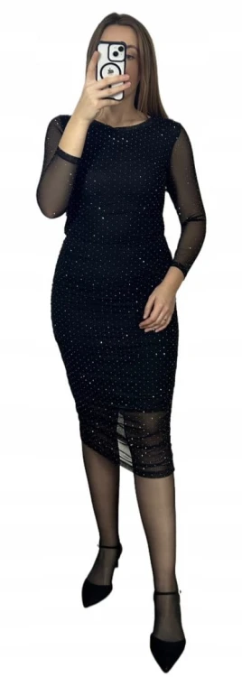 Czarna sukienka midi dłuższa siateczkowa siateczka marszczenia diamenciki- DIAMENZA