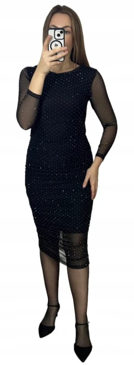 Czarna sukienka midi dłuższa siateczkowa siateczka marszczenia diamenciki- DIAMENZA