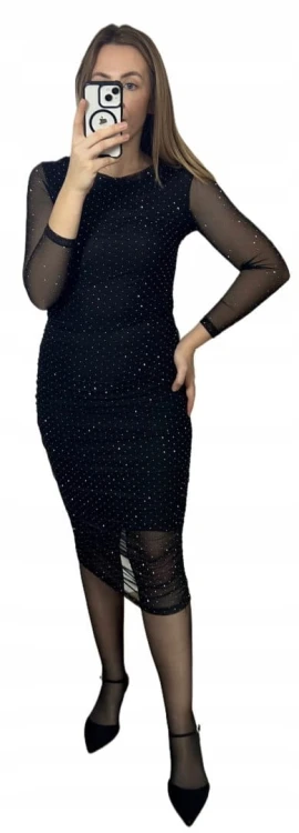 Czarna sukienka midi dłuższa siateczkowa siateczka marszczenia diamenciki- DIAMENZA