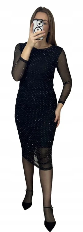 Czarna sukienka midi dłuższa siateczkowa siateczka marszczenia diamenciki- DIAMENZA