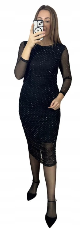 Czarna sukienka midi dłuższa siateczkowa siateczka marszczenia diamenciki- DIAMENZA