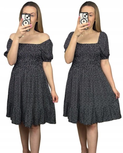 Czarna sukienka w groszki kropki krótki rękaw bufki hiszpanka wiskoza