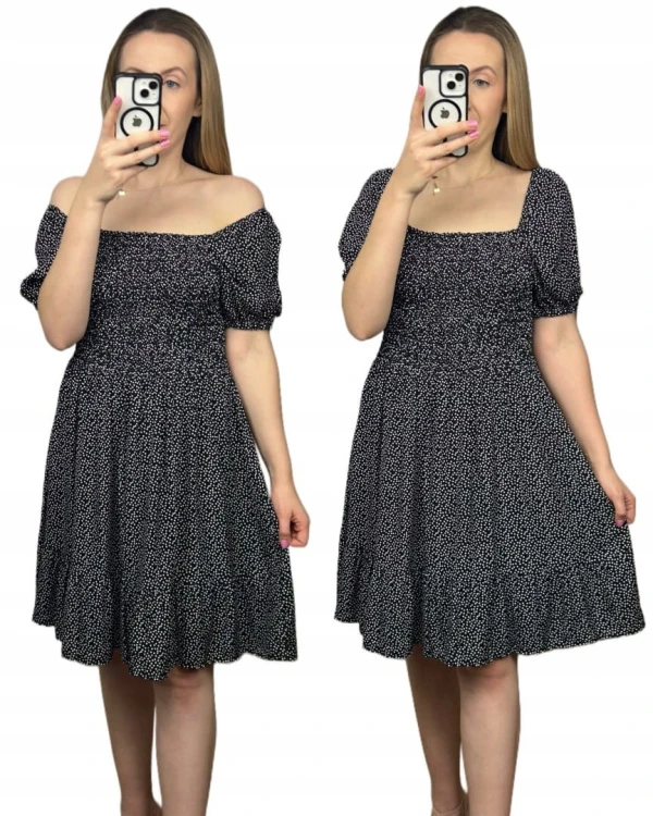 Czarna sukienka w groszki kropki krótki rękaw bufki hiszpanka wiskoza