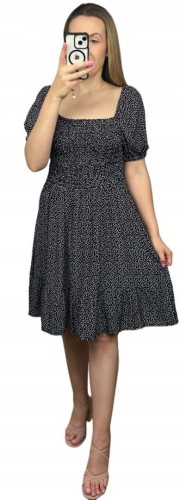 Czarna sukienka w groszki kropki krótki rękaw bufki hiszpanka wiskoza