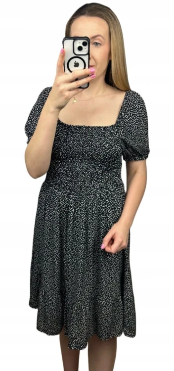 Czarna sukienka w groszki kropki krótki rękaw bufki hiszpanka wiskoza