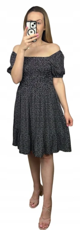 Czarna sukienka w groszki kropki krótki rękaw bufki hiszpanka wiskoza