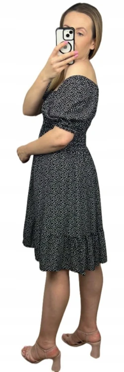 Czarna sukienka w groszki kropki krótki rękaw bufki hiszpanka wiskoza