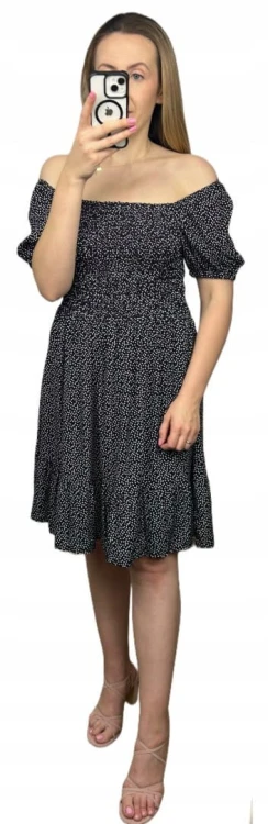 Czarna sukienka w groszki kropki krótki rękaw bufki hiszpanka wiskoza