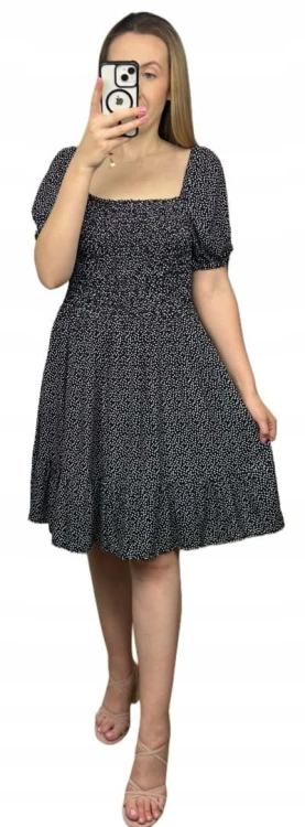 Czarna sukienka w groszki kropki krótki rękaw bufki hiszpanka wiskoza