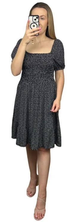 Czarna sukienka w groszki kropki krótki rękaw bufki hiszpanka wiskoza