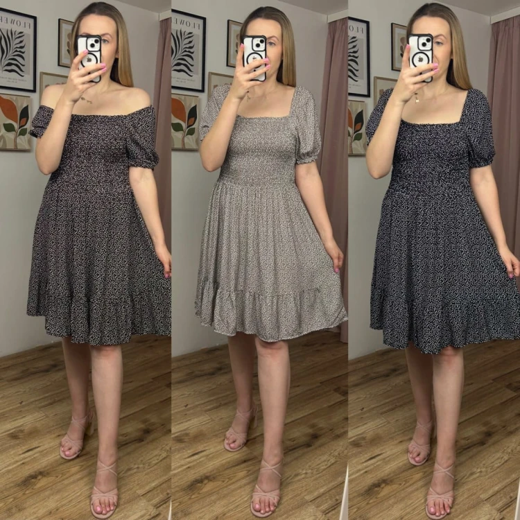 Czarna sukienka w groszki kropki krótki rękaw bufki hiszpanka wiskoza