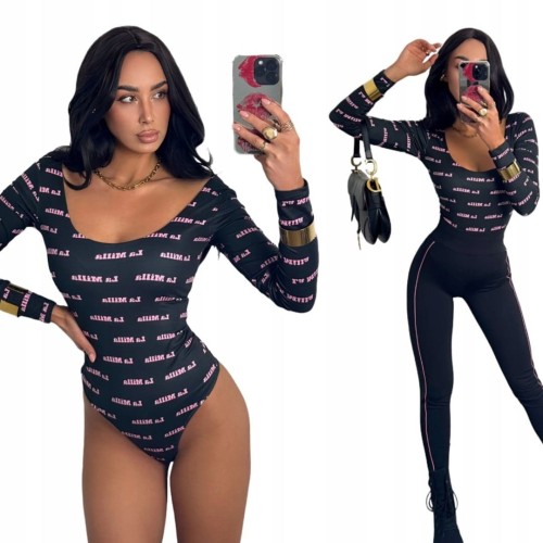 Czarne dopasowane body z napisami logowane długi rękaw La Milla L