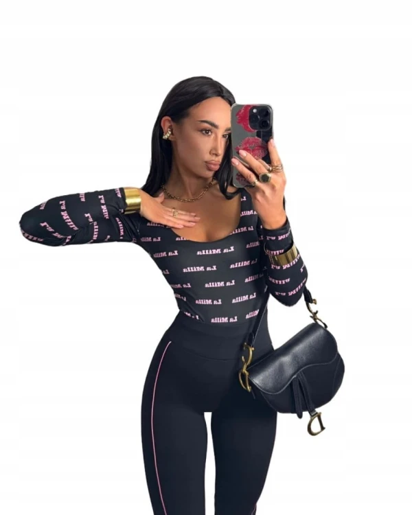 Czarne dopasowane body z napisami logowane długi rękaw La Milla L