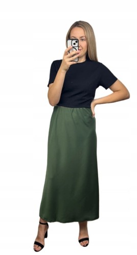 Długa maxi spódnica satynowa satyna jesień khaki M L XL