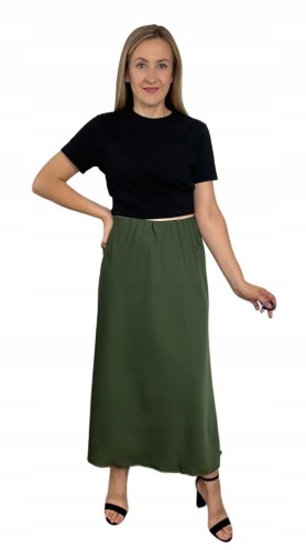 Długa maxi spódnica satynowa satyna jesień khaki M L XL