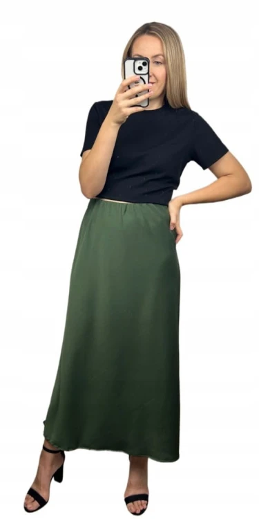 Długa maxi spódnica satynowa satyna jesień khaki M L XL