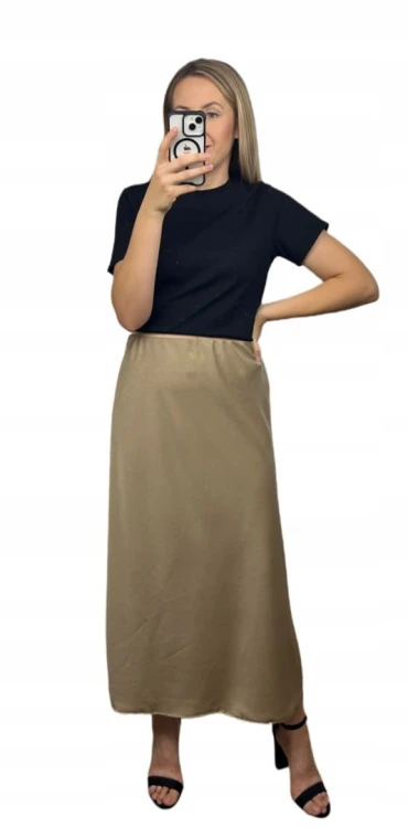 Długa maxi spódnica satynowa satyna jesień szampańska M L XL