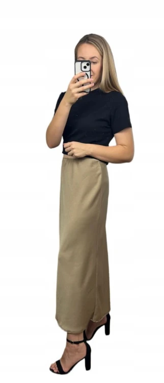 Długa maxi spódnica satynowa satyna jesień szampańska M L XL