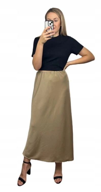 Długa maxi spódnica satynowa satyna jesień szampańska M L XL