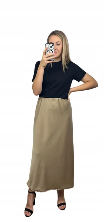 Długa maxi spódnica satynowa satyna jesień szampańska M L XL