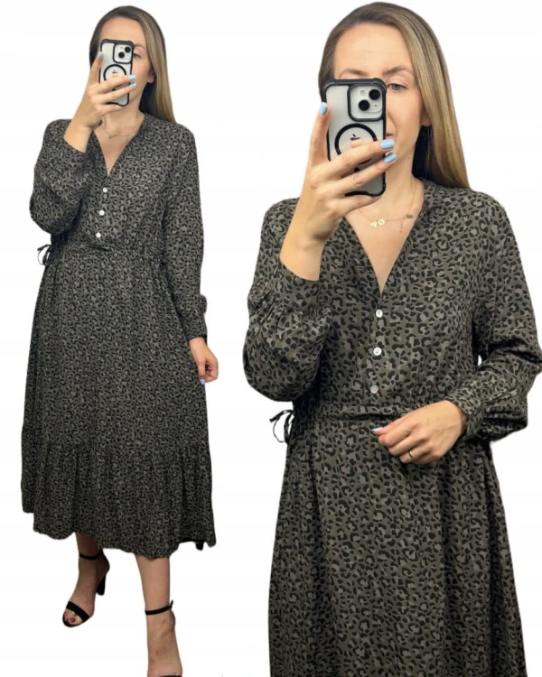 Długa maxi sukienka cętki panterka wiskoza falbana brązowa czarna- ROMANTIC FLOW