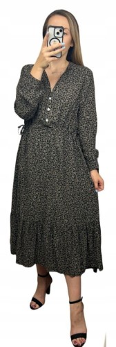 Długa maxi sukienka cętki panterka wiskoza falbana brązowa czarna- ROMANTIC FLOW