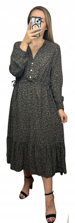 Długa maxi sukienka cętki panterka wiskoza falbana brązowa czarna- ROMANTIC FLOW