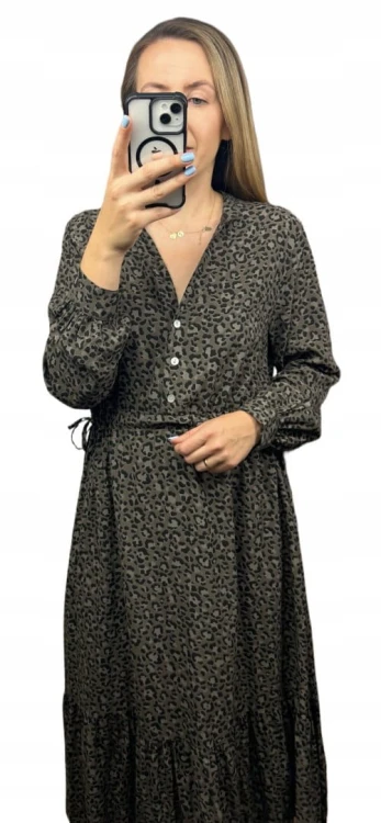 Długa maxi sukienka cętki panterka wiskoza falbana brązowa czarna- ROMANTIC FLOW