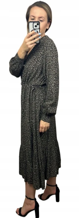 Długa maxi sukienka cętki panterka wiskoza falbana brązowa czarna- ROMANTIC FLOW