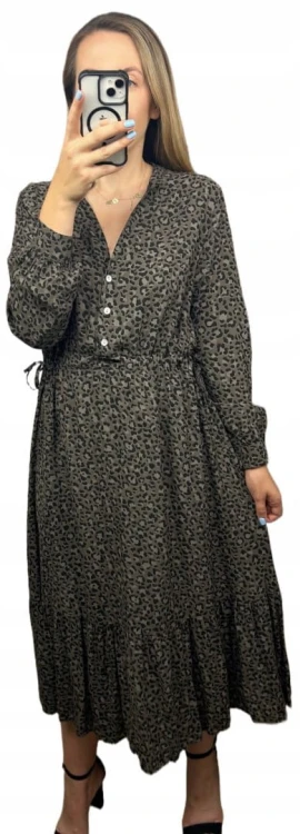 Długa maxi sukienka cętki panterka wiskoza falbana brązowa czarna- ROMANTIC FLOW