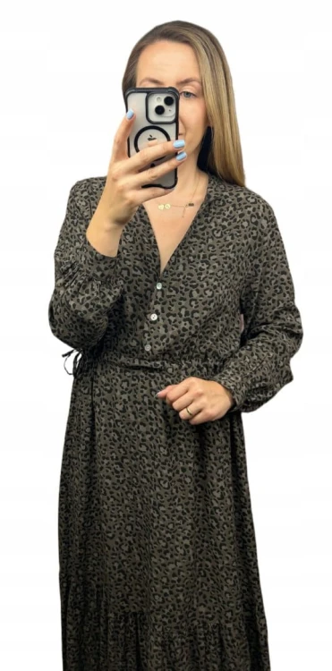 Długa maxi sukienka cętki panterka wiskoza falbana brązowa czarna- ROMANTIC FLOW