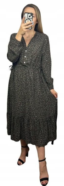 Długa maxi sukienka cętki panterka wiskoza falbana brązowa czarna- ROMANTIC FLOW