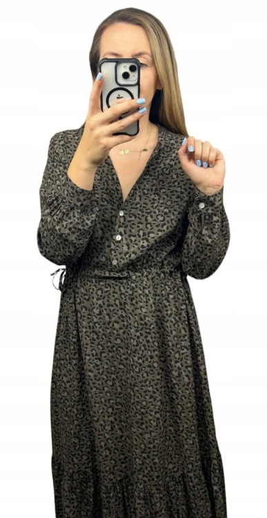 Długa maxi sukienka cętki panterka wiskoza falbana brązowa czarna- ROMANTIC FLOW