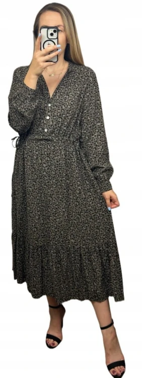 Długa maxi sukienka cętki panterka wiskoza falbana brązowa czarna- ROMANTIC FLOW