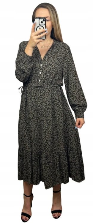 Długa maxi sukienka cętki panterka wiskoza falbana brązowa czarna- ROMANTIC FLOW