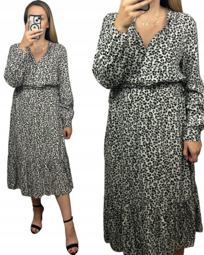 Długa maxi sukienka cętki panterka wiskoza falbana szara czarna- ROMANTIC FLOW