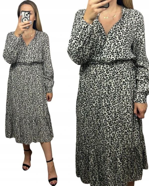 Długa maxi sukienka cętki panterka wiskoza falbana szara czarna- ROMANTIC FLOW