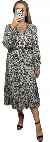 Długa maxi sukienka cętki panterka wiskoza falbana szara czarna- ROMANTIC FLOW