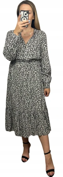 Długa maxi sukienka cętki panterka wiskoza falbana szara czarna- ROMANTIC FLOW