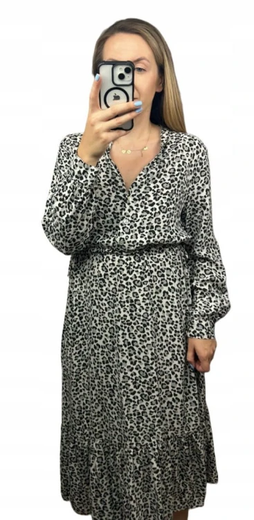 Długa maxi sukienka cętki panterka wiskoza falbana szara czarna- ROMANTIC FLOW