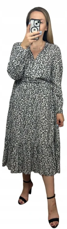 Długa maxi sukienka cętki panterka wiskoza falbana szara czarna- ROMANTIC FLOW