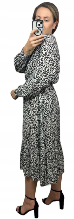 Długa maxi sukienka cętki panterka wiskoza falbana szara czarna- ROMANTIC FLOW