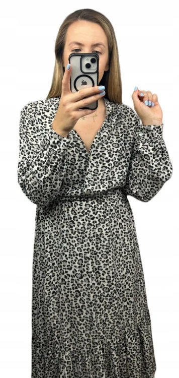 Długa maxi sukienka cętki panterka wiskoza falbana szara czarna- ROMANTIC FLOW