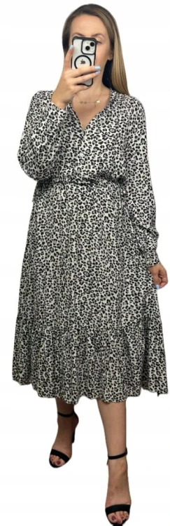 Długa maxi sukienka cętki panterka wiskoza falbana szara czarna- ROMANTIC FLOW