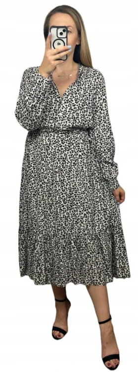 Długa maxi sukienka cętki panterka wiskoza falbana szara czarna- ROMANTIC FLOW