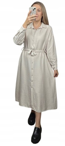 Długa sukienka szmizjerka koszulowa długi rękaw guziki luźna wiskoza M L XL