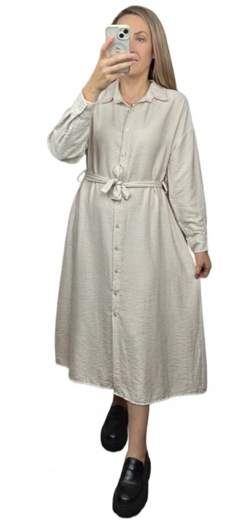 Długa sukienka szmizjerka koszulowa długi rękaw guziki luźna wiskoza M L XL