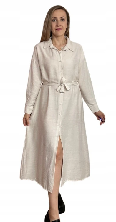 Długa sukienka szmizjerka koszulowa długi rękaw guziki luźna wiskoza M L XL